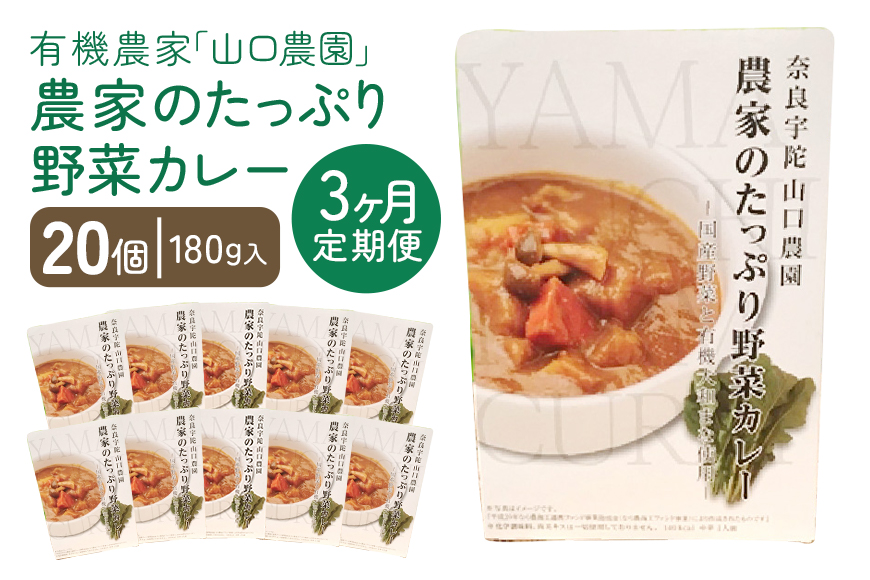 定期便 ３ヶ月 農家のたっぷり野菜カレー ２０個 月１回 ／ 山口農園 有機野菜 オーガニック 伝統野菜 レトルト 詰め合わせ ギフト カレーセット スパイス 飯 キャンプお取り寄せ 奈良県 宇陀市 送料無料 おかず ご当地 簡単 お歳暮 暑中見舞い 時短 保存食 ふるさと納税