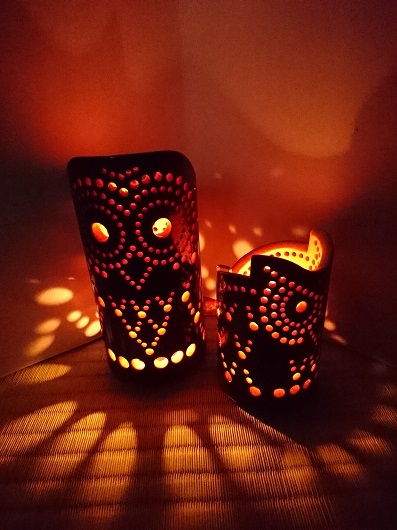 竹製キャンドルホルダー フクロウセットＦ-1 (表皮焦がしタイプ)／癒し 竹あかり おうち時間 キャンプ