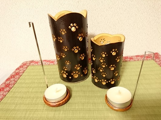 竹製キャンドルホルダー 肉球セットＮ-1 (表皮焦がしタイプ)／癒し 竹あかり おうち時間 キャンプ