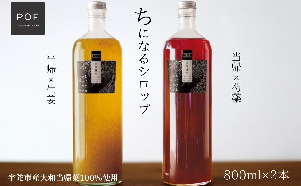 ちになるシロップ ＜大和当帰＞800ml × 2種セット ／POWER OF FOOD ふるさと納税 芍薬 生姜 シロップ 瓶 ガラス瓶 国産 食材 炭酸 大和当帰葉 有機 お湯割り 甜菜糖 ハチミツ はちみつ 送料無料 ち 奈良県 宇陀市