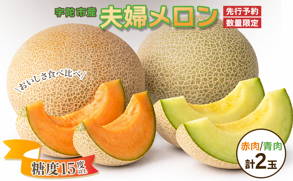 糖度15度以上 !!＜令和７年産先行予約受付中 / 数量限定＞宇陀市産 夫婦メロン 計2玉(青肉・赤肉 各1玉ずつ)／ みやび農園 メロンセット 贈答 贈り物 紅白お祝い 食べ比べ 奈良県 宇陀市 ふるさと納税