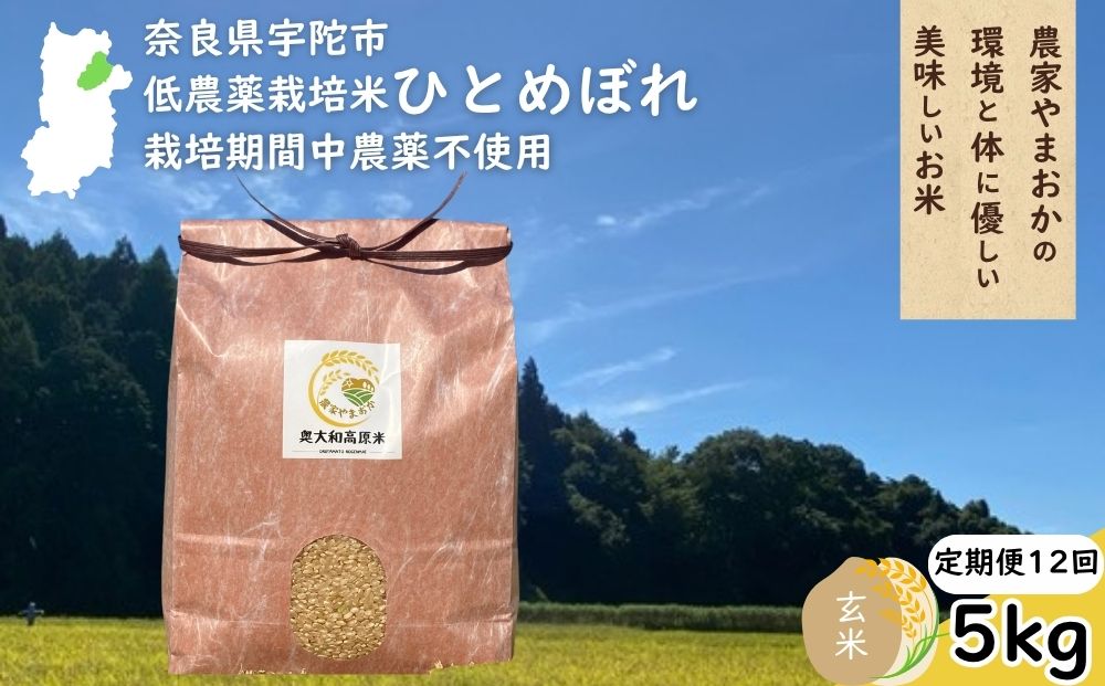 【定期便12回】ひとめぼれ 低農薬栽培＜令和7年産 玄米 5kg ＞ / ふるさと納税 低農薬 米 お米 こめ コメ 国産 新米 玄米 一等米 農家やまおか 奈良県 宇陀市陀市 ふるさと納税