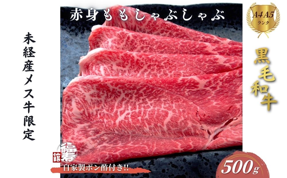 黒毛和牛めす牛 赤身モモ しゃぶしゃぶ肉 500g 自家製ポン酢付き ／しゃぶしゃぶ ふるさと納税 黒毛和牛 肉 牛肉 お中元 お歳暮 正月 ギフト 和牛 食べ物 奈良県 宇陀市 福寿館