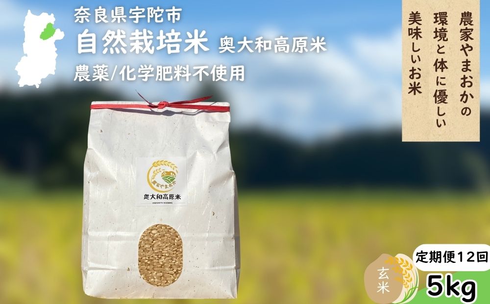 【定期便12回】自然栽培米 玄米 ＜令和7年産 5kg＞ ／ ふるさと納税 無農薬 米 お米 一等米 こめ コメ 国産 新米 玄米 農家やまおか 奈良県 宇陀市