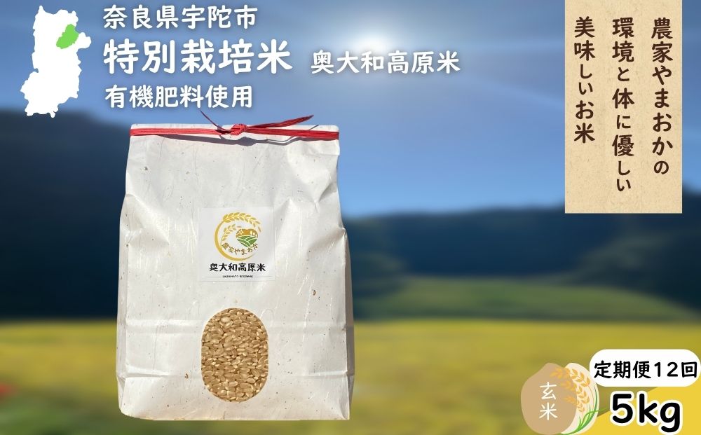【定期12回】特別栽培米 ＜令和7年産 玄米 5kg＞ / ふるさと納税 栽培期間中農薬不使用 米 お米 こめ コメ 国産 新米 玄米 農家やまおか 奈良県 宇陀市