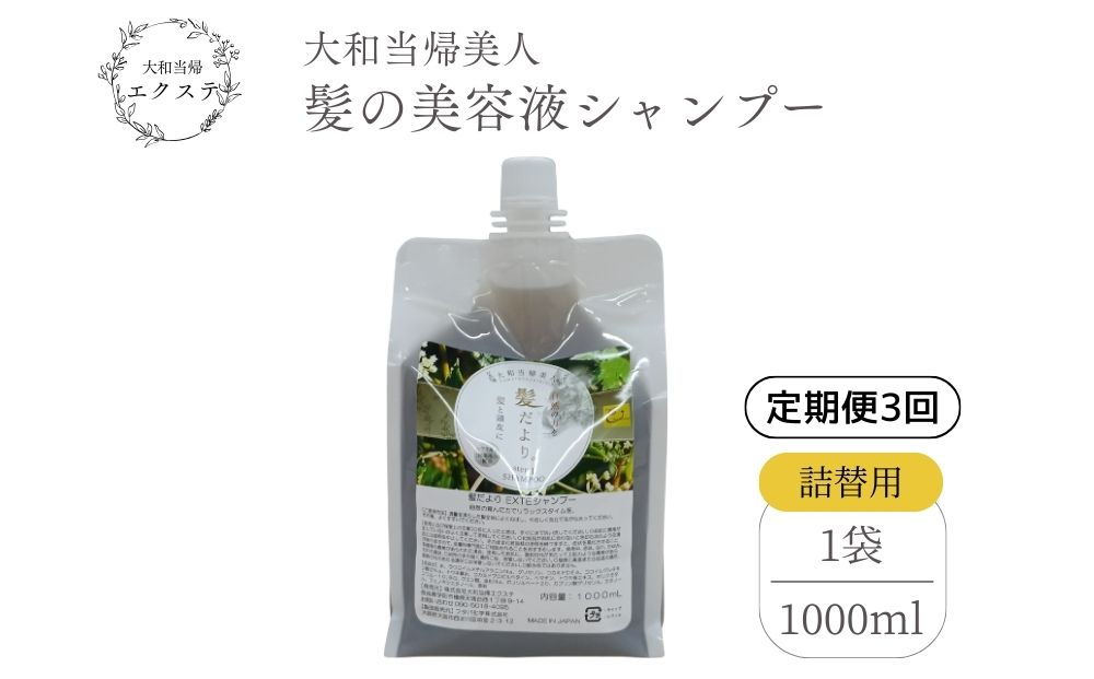 【定期便3回】大和当帰美人 髪だより EXTEシャンプー 詰め替え用 1000ml ／ふるさと納税 エクステ 大和当帰  ボトル メンズ 大容量 いい香り髪の美容液 髪整う 自然の力 頭皮 奈良県 宇陀市