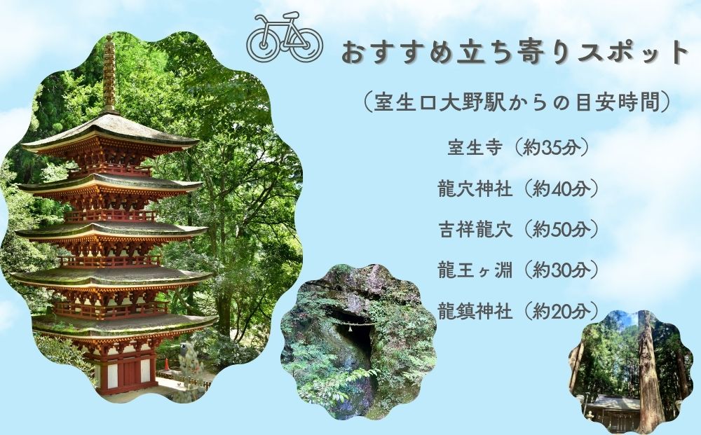 【室生口大野駅発】電動レンタサイクル1日利用券（9:00～17:00）選べるペア利用（2台）または高性能E-bike ／ ふるさと納税 宇陀 室生観光 電動自転車 観光 龍穴神社 アクセス サイクリング パワースポット 巡り 奈良県 宇陀市