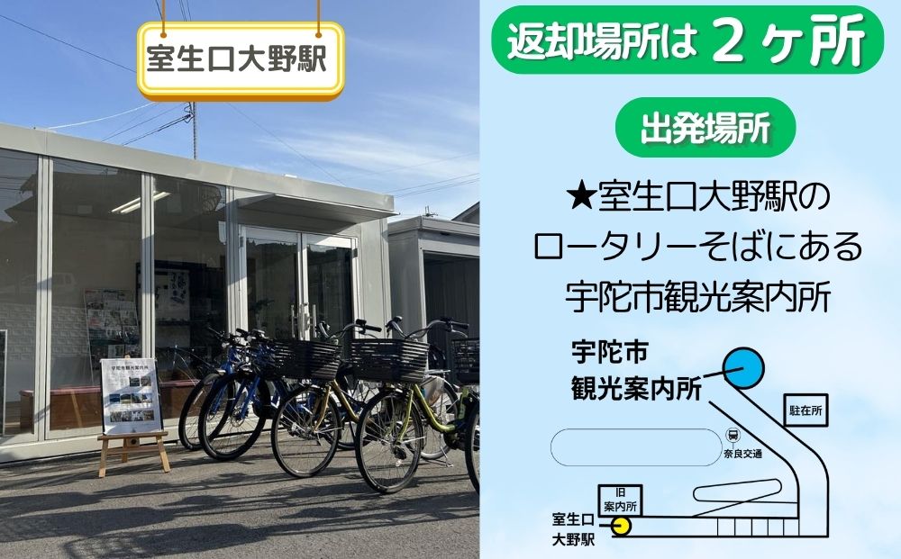 【室生口大野駅発】電動レンタサイクル1日利用券（9:00～17:00）選べるペア利用（2台）または高性能E-bike ／ ふるさと納税 宇陀 室生観光 電動自転車 観光 龍穴神社 アクセス サイクリング パワースポット 巡り 奈良県 宇陀市