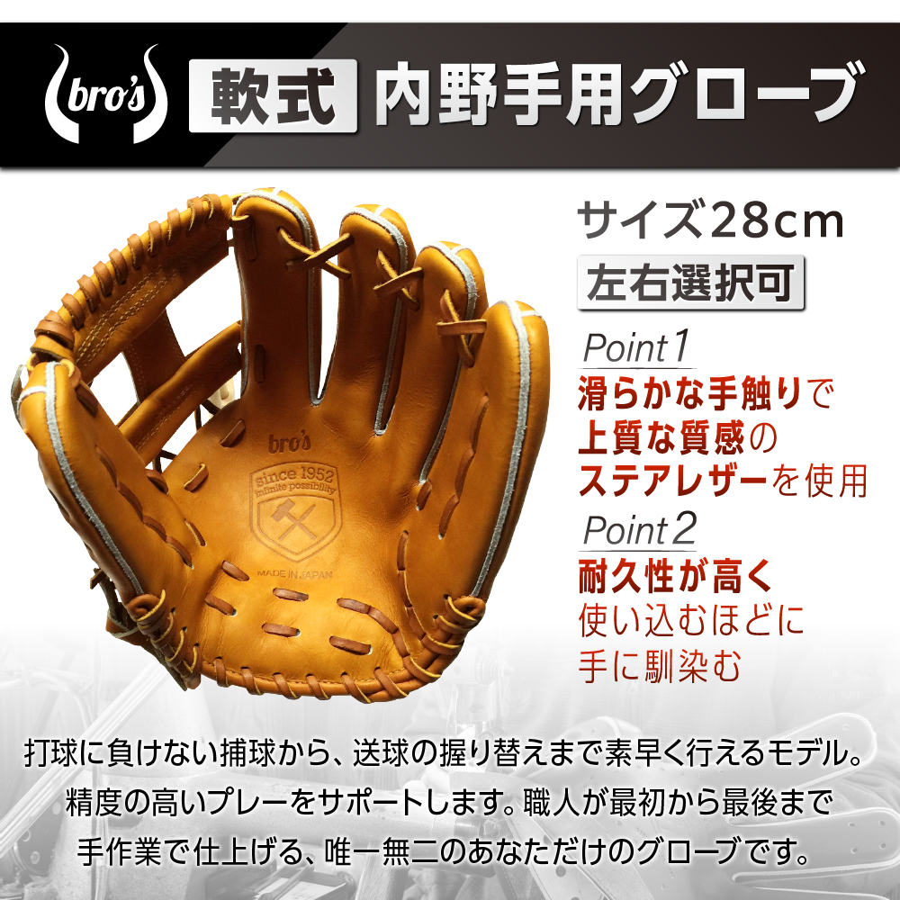 軟式 内野手 用 野球 グローブ（カラー オーダー ・ 刺繍 入り ） 【 吉川清商店　bro's 】 高校生 大人 成人 右投げ グラブ プレゼント 親子 メンズ レディース 右利き 革 贈答用 キャッチボール