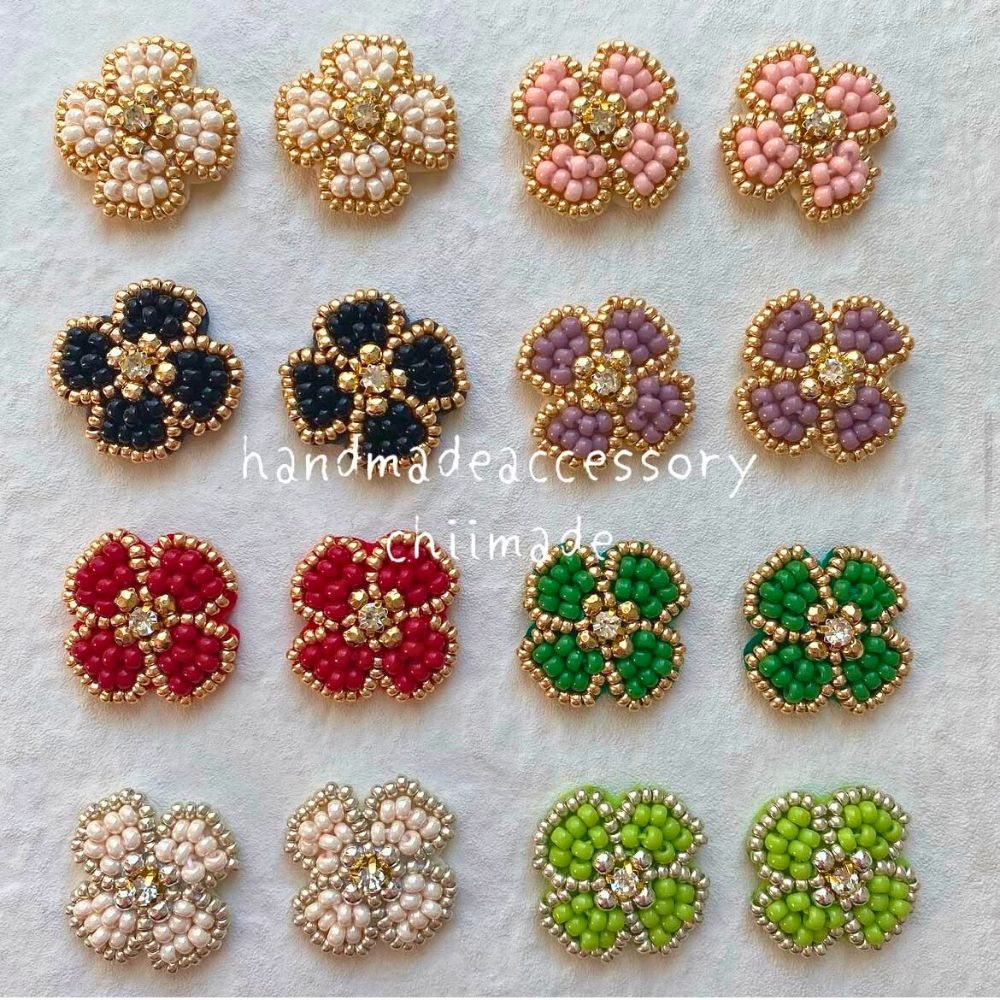 ビーズ 刺繍 お花 ピアス イヤリング ジュエリー アクセサリー chiimade：ピアス　ピンク