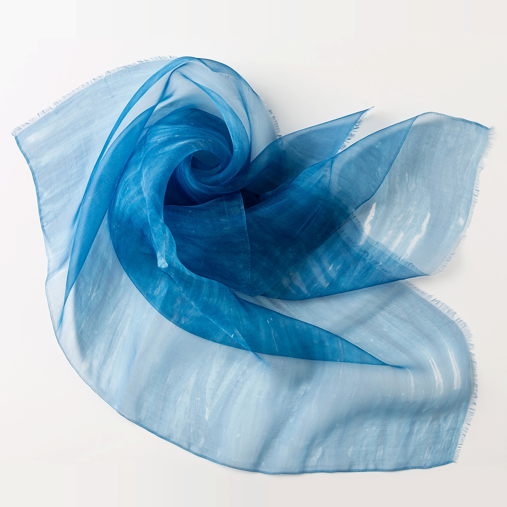 L519　藍染スカーフ　絹・オーガンジーむらくも