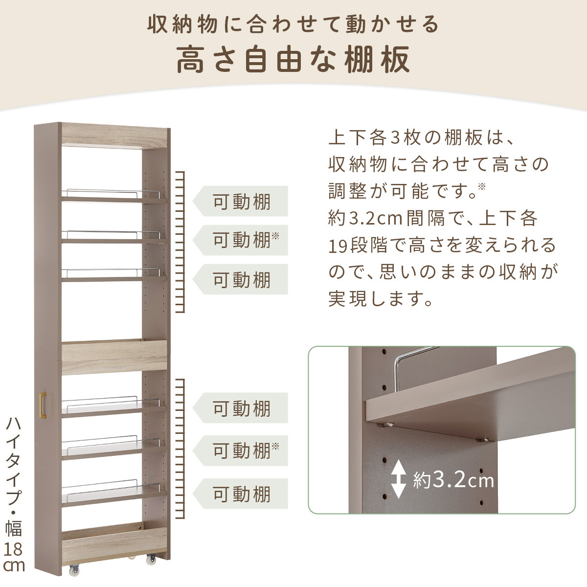 【完成品でお届け】すき間 ワゴンラック ハイタイプ 幅14cm （グレージュ）キッチン 隙間収納 キャスター付き キッチンワゴン スリム 収納 キッチン隙間ワゴン キッチン隙間家具 ラック KKANRA945070-14-GBE