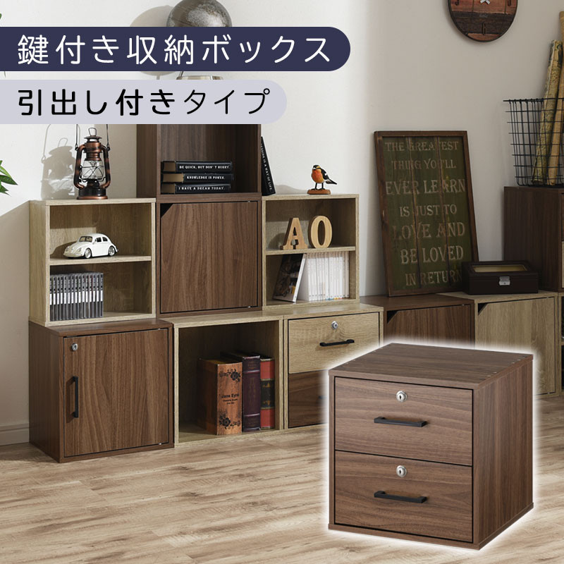 【完成品でお届け】鍵付き収納ボックス〔幅35cm・引出し付きタイプ〕（ウォールナット）キューブボックス 扉付き 鍵付き カラーボックス 収納ボックス 引き出し LKANET300208-3-WAL