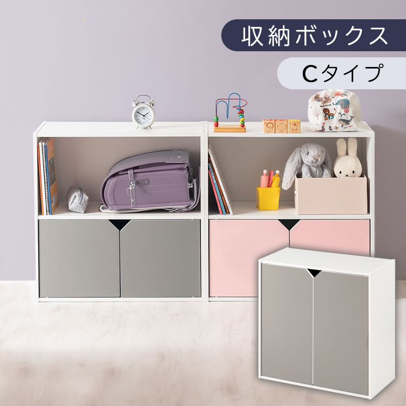 【完成品でお届け】収納ボックス〔Cタイプ〕（グレー×ホワイト）収納棚 扉付き キャビネット ラック 棚 カラーボックス スリム 2段 可動棚 本棚 収納家具 リビング LKANET300248-C-GY