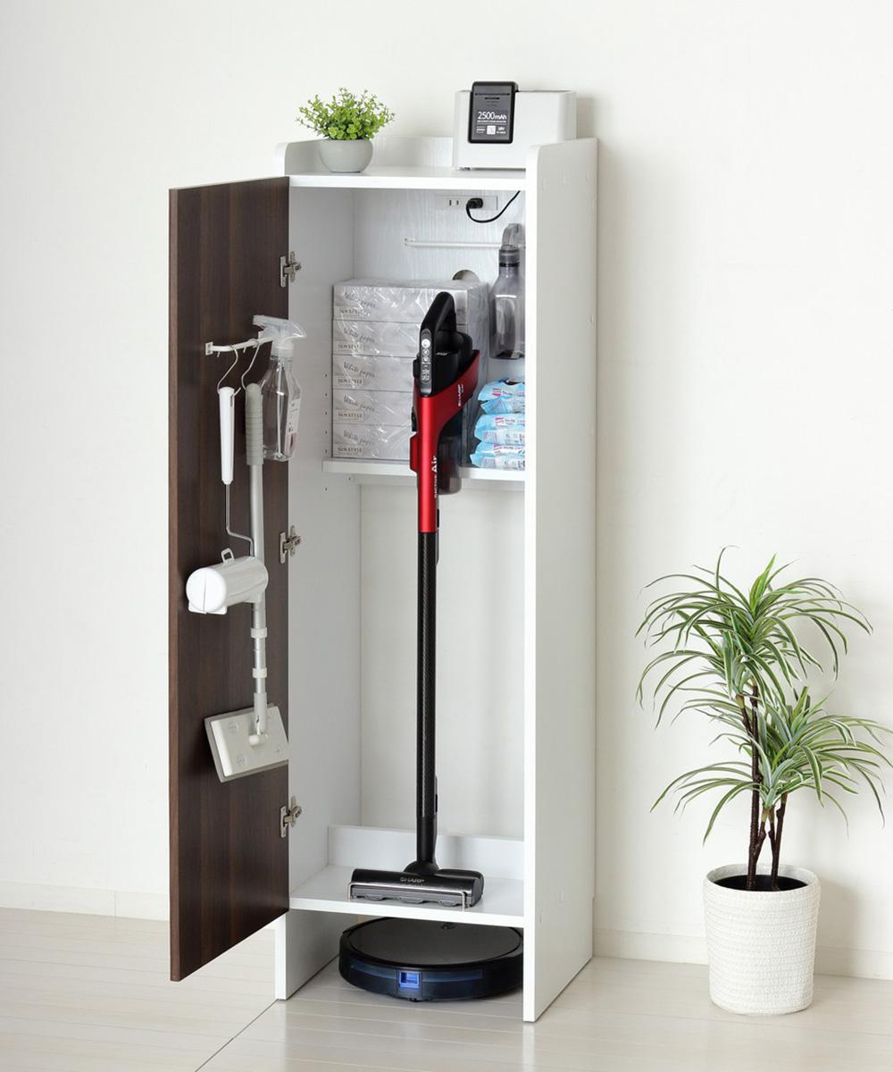 【ホワイト】クリーナーグッズ収納 幅43.5×奥行42×高さ140cm スティック掃除機 ロボット掃除機 収納 AKU104410601