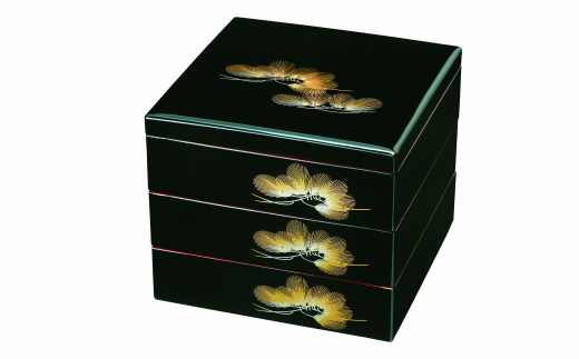 三段重箱 黒内朱 若松 お重 紀州漆器【YG7】