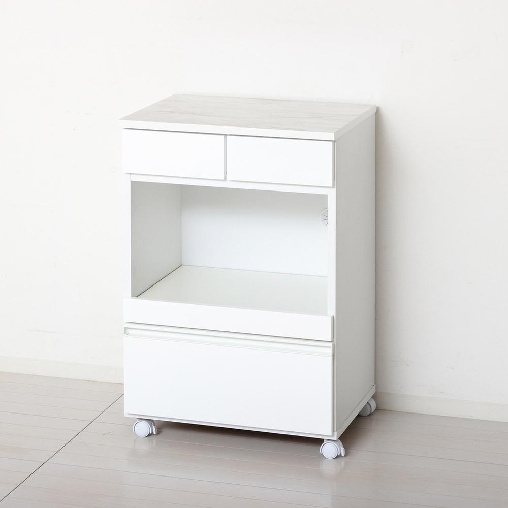 コンパクトレンジワゴン キッチンワゴン 約幅55×奥行40×高さ82cm ホワイト スライドトレー付き 引き出し付き コンセント付き キャスター付き 大理石調メラミンシート天板 AKU104405002