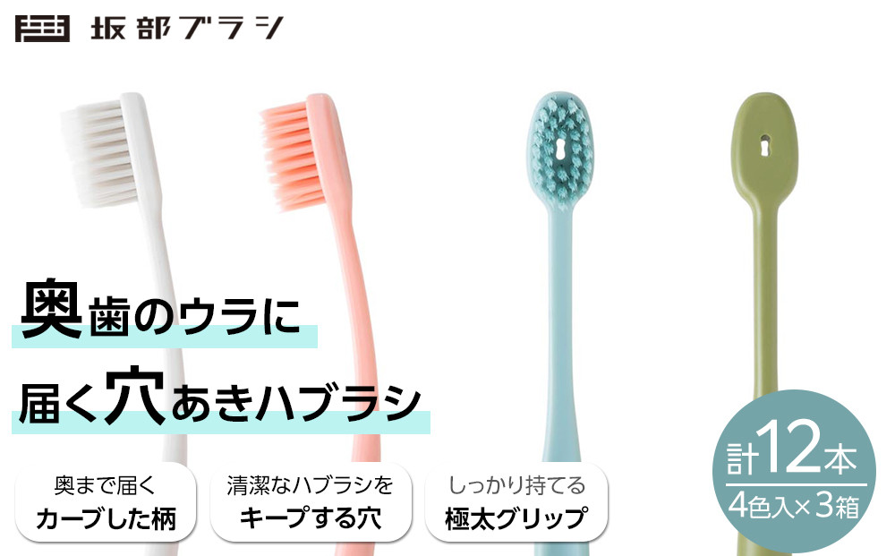 奥歯のウラまでしっかり磨ける 穴の開いた 歯ブラシ 合計12本 （1箱4本入(4色)×3箱 ）