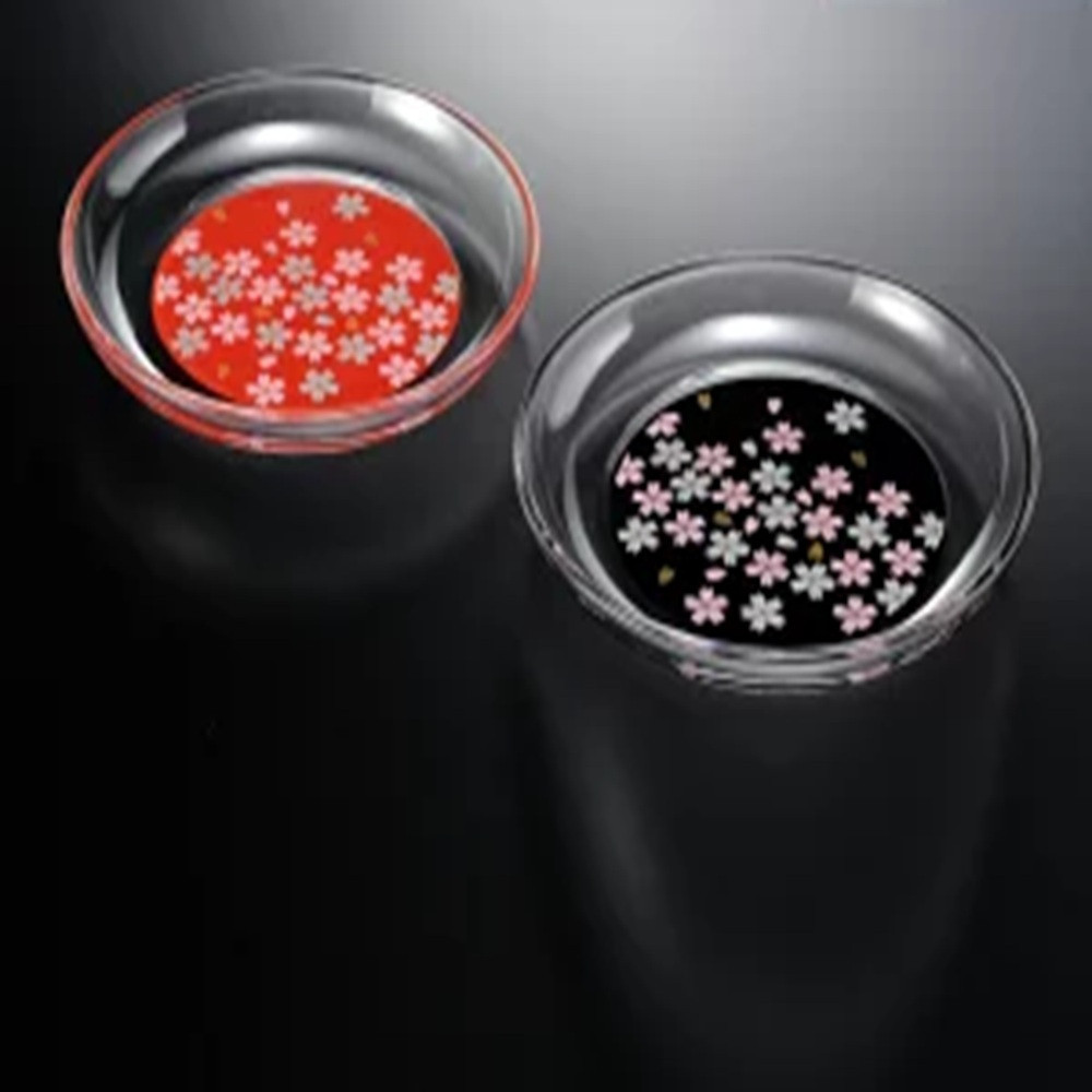 みよし漆器本舗 小皿 2枚組 14.8cm 紀州塗り ぬりもん de Verre 丸小皿 蒔絵 桜 赤 黒 直径14.8×2cm