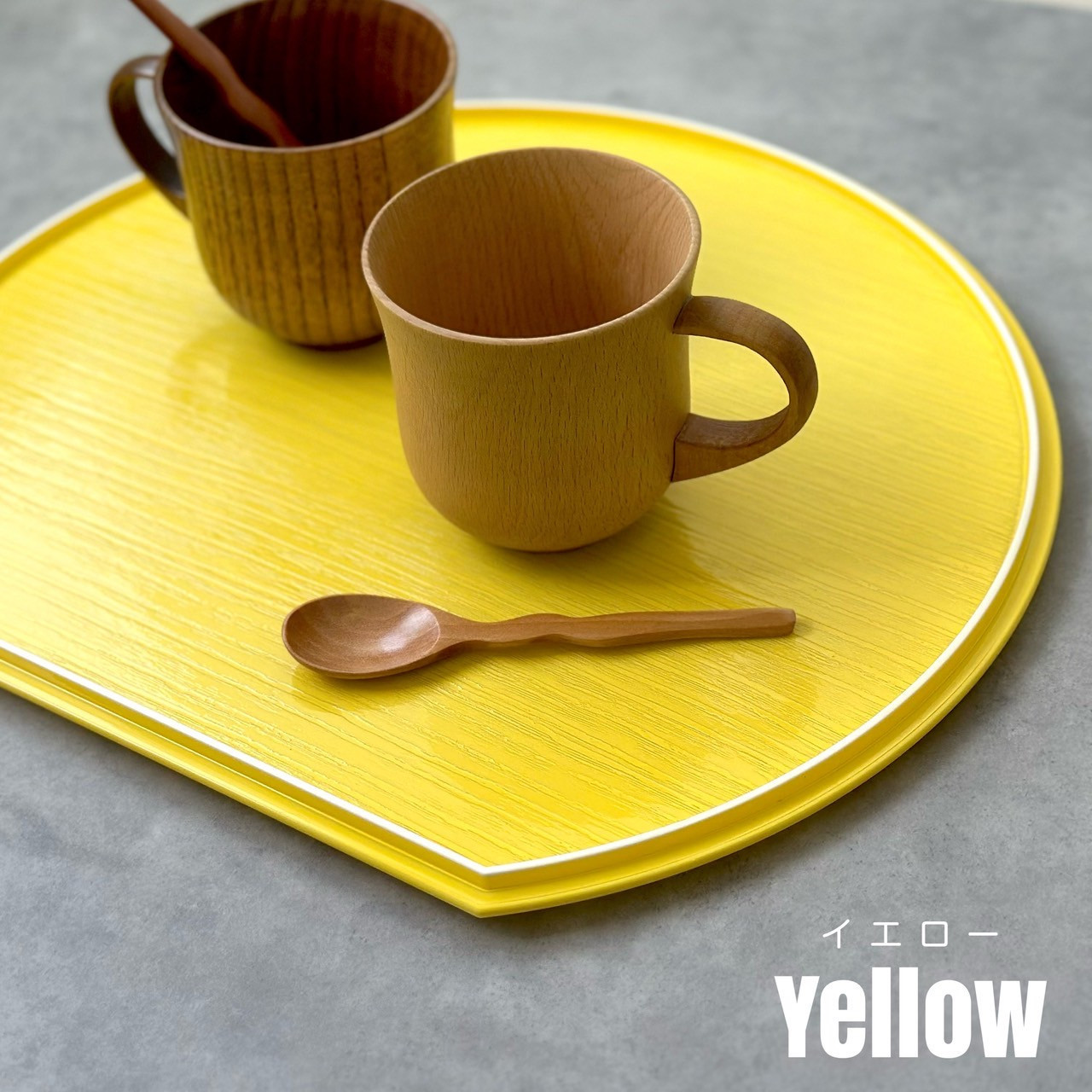 紀州漆器 半月盆 お盆 パステルカラー 約36cm イエロー