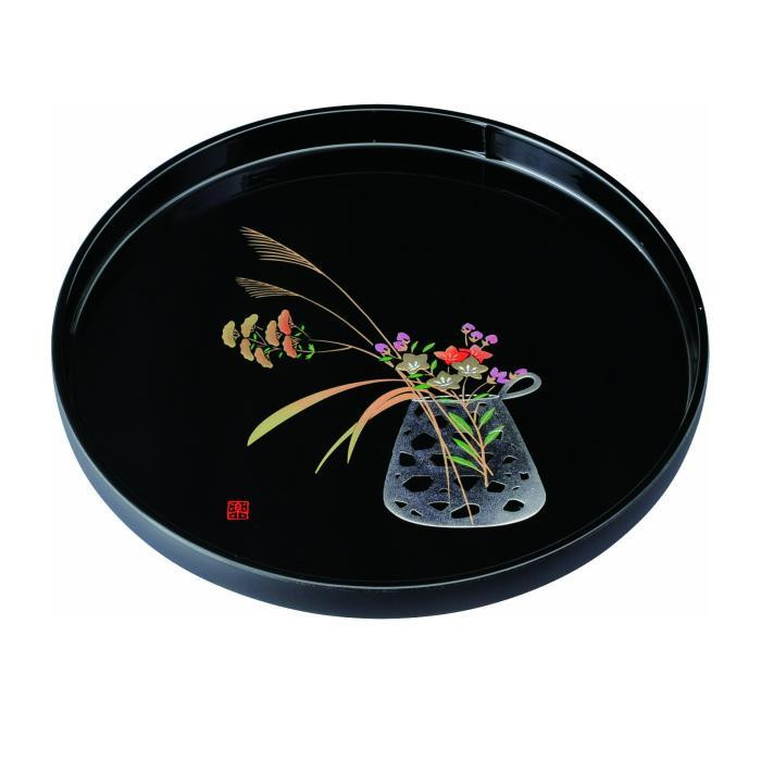 丸盆 30cm 黒 盛絵花かご ［YG465］