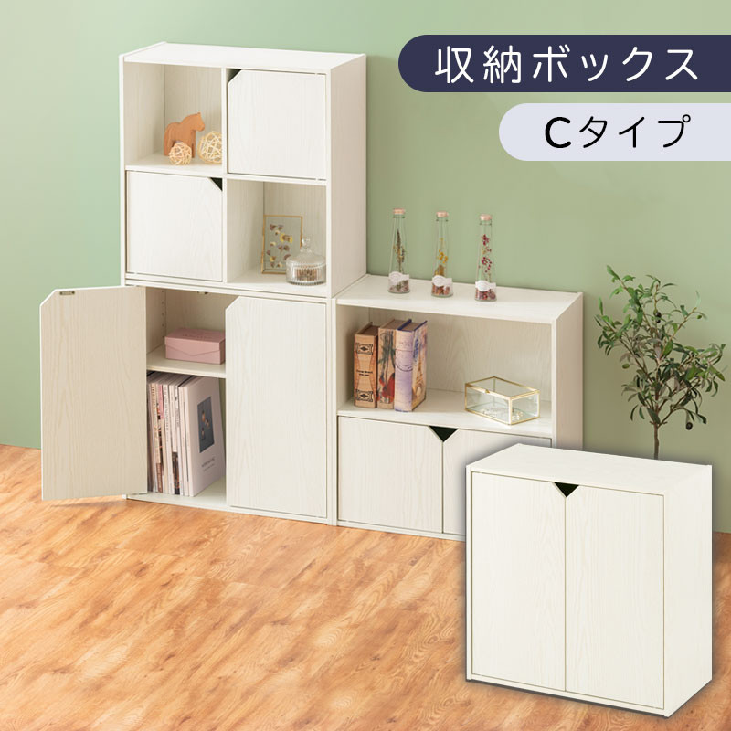 【完成品でお届け】収納ボックス〔Cタイプ〕（ホワイト）収納棚 扉付き キャビネット ラック 棚 カラーボックス スリム 2段 可動棚 本棚 収納家具 リビング LKANET300248-C-WH