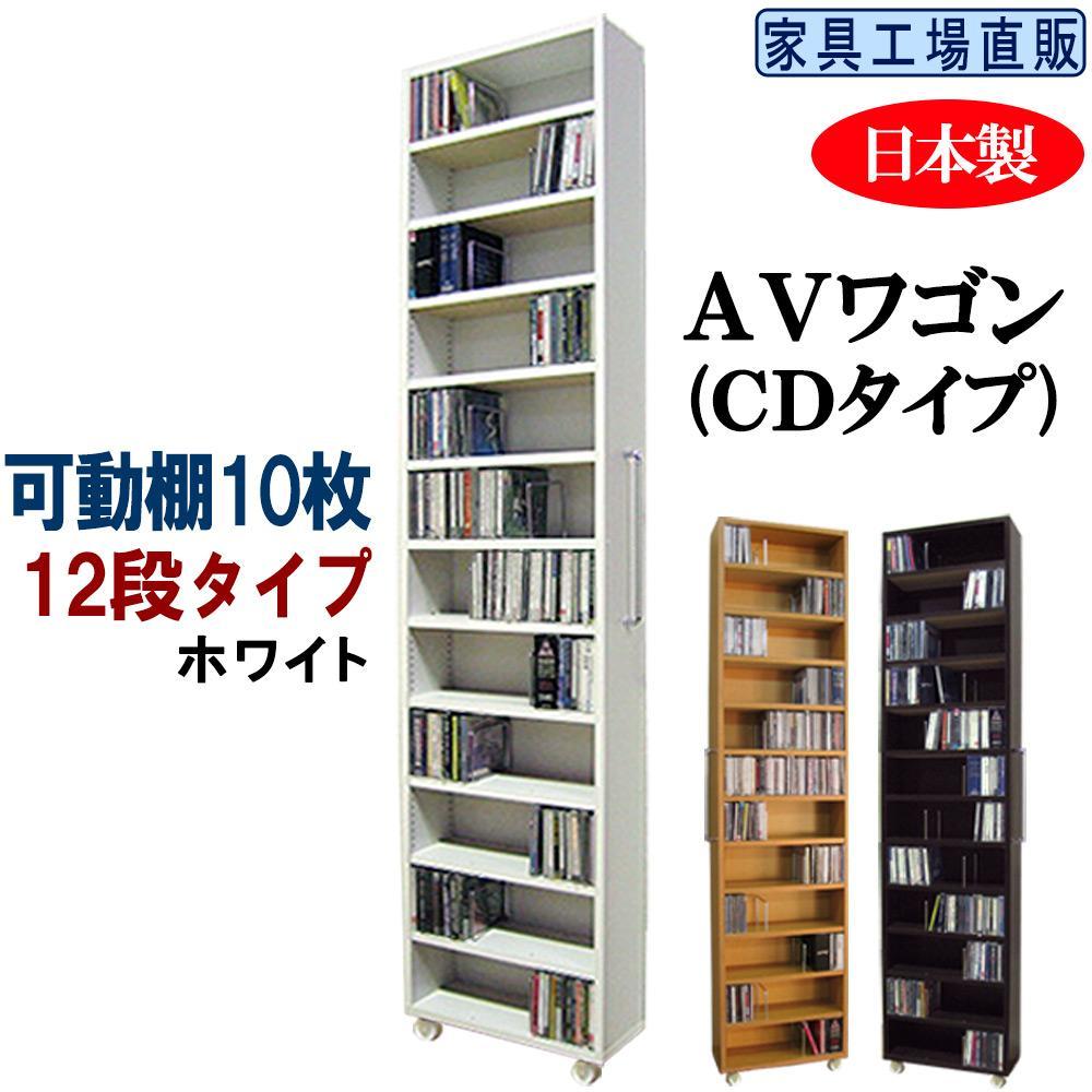 【ホワイト × 可動棚10枚入】すき間収納 AVワゴン 12段タイプ