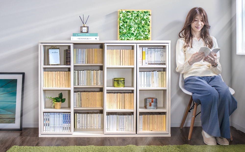 トリプル スライド本棚 ホワイトオーク 約幅120x奥行33.7x高さ92cm 全段B6 本棚 書棚 スライド 3連 3列 大容量 ロータイプ ワイド トリプルスライド aku100274003