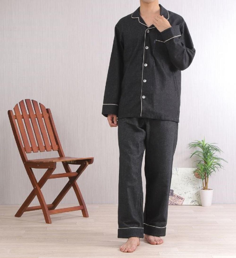 【カラー：ブラック サイズ：L】フランネル 無地 メンズパジャマ