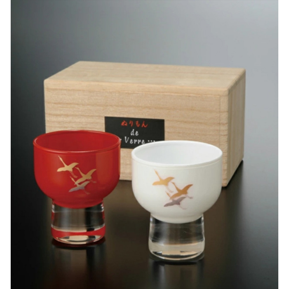 みよし漆器本舗 お猪口 ペアセット 紀州塗り 盃 蒔絵 千羽鶴 赤 白 70ml