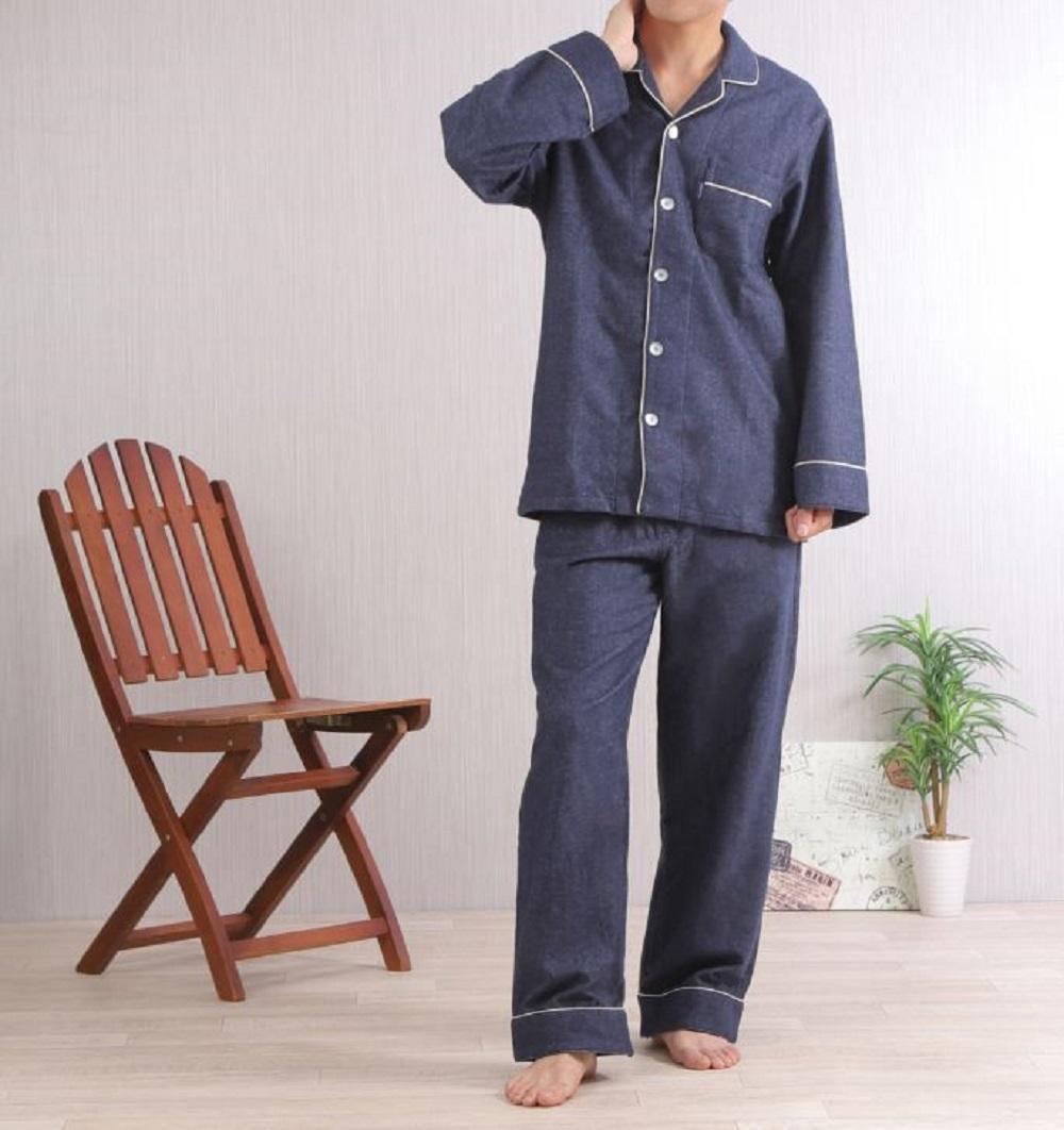【カラー：ネイビー サイズ：L】フランネル 無地 メンズパジャマ