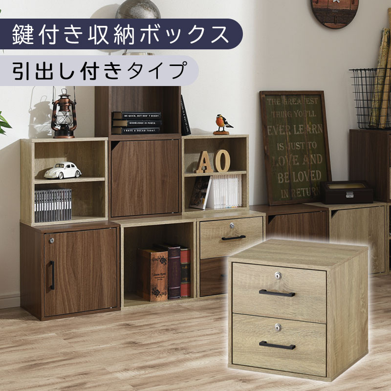 【完成品でお届け】鍵付き収納ボックス〔幅35cm・引出し付きタイプ〕（オーク）キューブボックス 扉付き 鍵付き カラーボックス 収納ボックス 引き出し LKANET300208-3-OAK