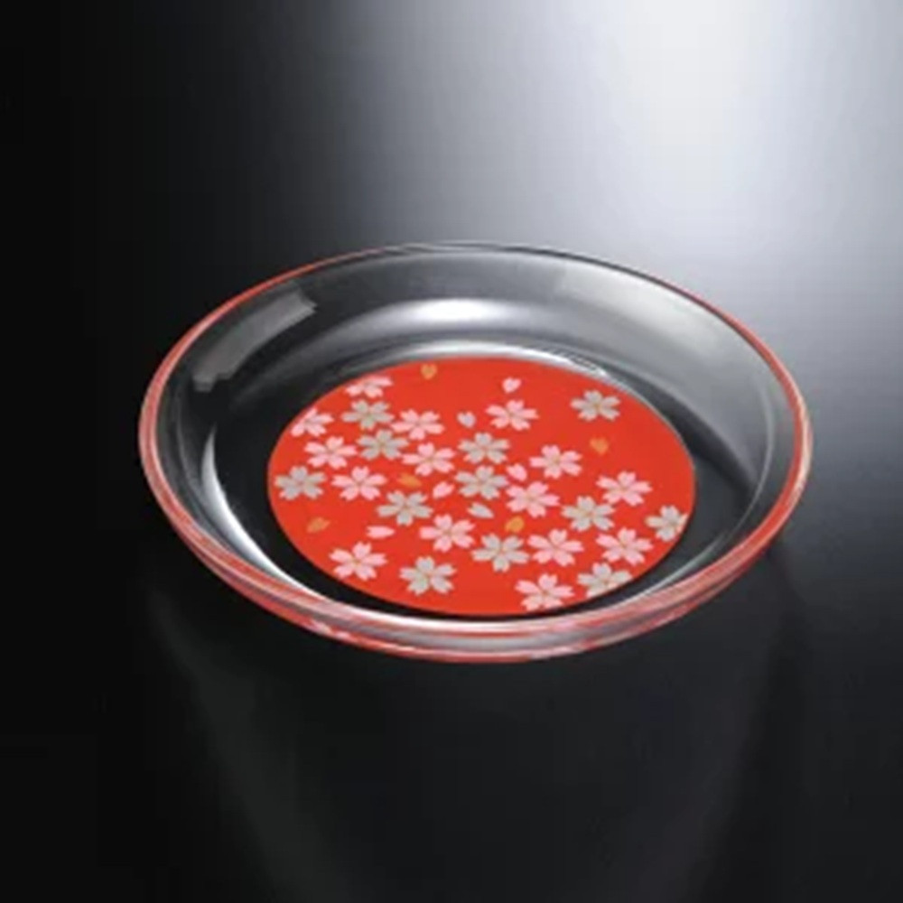 みよし漆器本舗 紀州塗り ぬりもん de Verre 丸小皿 蒔絵 桜 赤 直径14.8×2cm