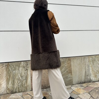 OKADA TEXTILE エコファー切り替え ロングベスト カーキブラウン【1571410】