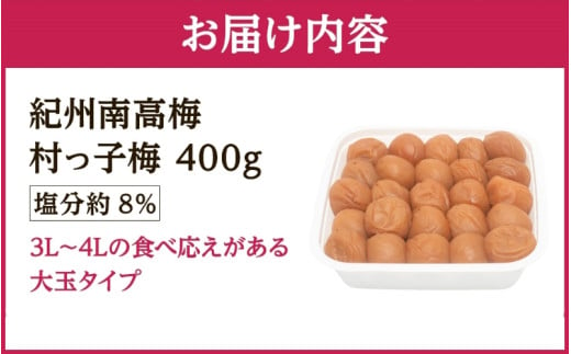 紀州南高梅　村っ子梅（塩分約8％）400g×1 はちみつ梅干し / 和歌山 梅干し 田辺市 紀州南高梅 南高梅 梅干 梅 うめ 肉厚 お米 おにぎり 焼酎 梅酒 健康 はちみつ入り 減塩 塩分控えめ ご飯のお供【fuz029】