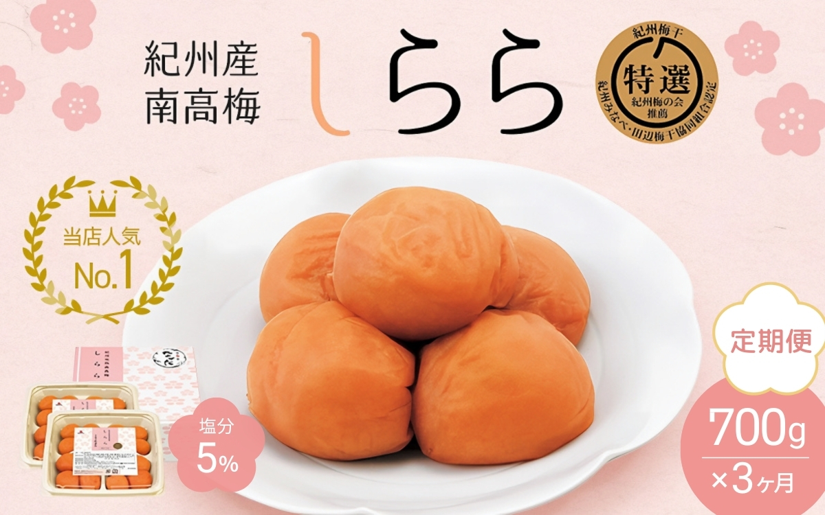 【3カ月定期便】紀州産南高梅 梅干し しらら （塩分5％）700g（350g×2入） / A級品 梅干し 梅干 梅 和歌山 田辺 紀州南高梅 南高梅 うす塩 減塩 塩分控えめ ご飯のお供【nkt015-tk】