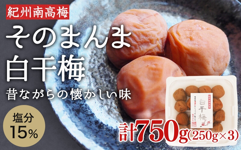 そのまんま白干梅 A級品 計750g（250g×3個） / 梅干し 梅干 梅 紀州南高梅 A級 和歌山 和歌山県産 田辺市 南高梅 白干し梅 無添加 しょっぱい梅干し 昔ながらの梅干し なつかしい【kfo015-1】