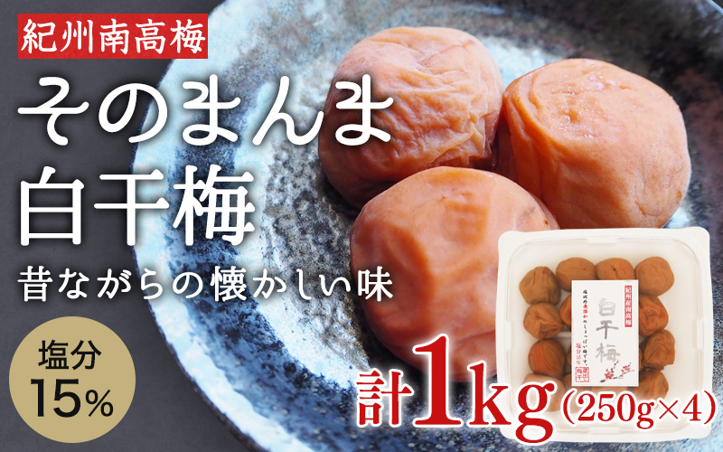 そのまんま白干梅 A級品 計1kg（250g×4個） / 梅干し 梅干 梅 和歌山 和歌山県産 田辺市 紀州南高梅 南高梅 白干し梅 無添加 しょっぱい梅干し 昔ながらの梅干し なつかしい A級【kfo007-1】