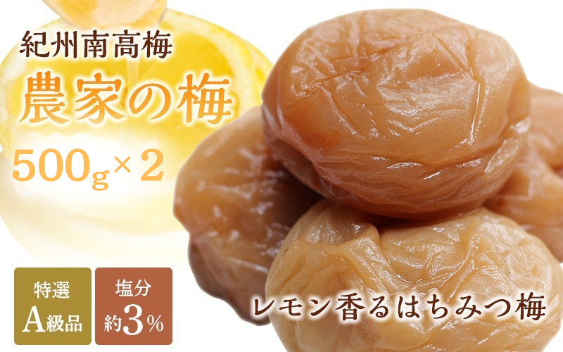 紀州南高梅「農家の梅」はちみつ梅（塩分約3％）500ｇ×2　※レモンパウダー入り /  紀州南高梅 南高梅 梅干し 梅干 梅 うめ 和歌山 田辺市 肉厚 お米 おにぎり 焼酎 梅酒 健康 はちみつ梅 塩分約3％ 塩分控えめ レモン【nkn801-2】