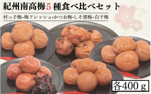 紀州南高梅5種食べ比べセット　村っ子梅（塩分約８％）・梅フレッシュ（塩分約５％）・しそ漬梅（塩分11％）・かつお梅（塩分9％）・白干梅（塩分17％）　各400ｇ  / 田辺市 紀州南高梅 南高梅 梅干し 梅干 梅 うめ【fuz016-2】