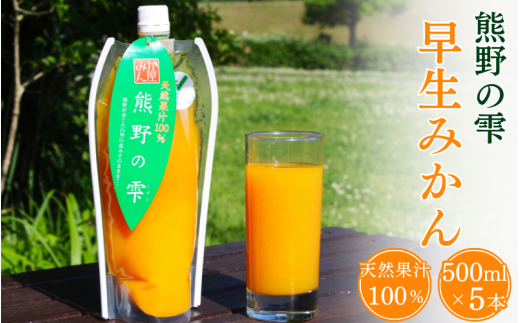 天然果汁100％ みかんジュース 熊野の雫【温州みかん（早生）】500ml×5 / ミカンジュース 早生みかん 温州 生搾り 果汁100％ ストレート パウチ入 柑橘 和歌山県 田辺市【hso005】