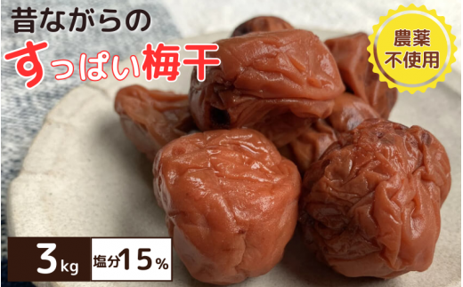 昔ながらのすっぱい梅干 3kg （200g×15） 塩分15％ / 梅干し 田辺市 紀州南高梅 南高梅 梅干 梅 うめ 肉厚 お米 おにぎり 焼酎 梅酒 健康 昔ながら 栽培期間中農薬不使用 和歌山 龍神 【mpt008】