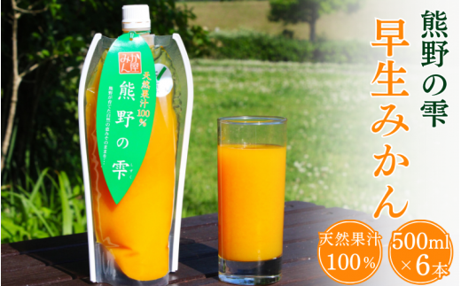 天然果汁100％ みかんジュース 熊野の雫【温州みかん（早生）】500ml×6 / ミカンジュース 早生みかん 温州 生搾り 果汁100％ ストレート パウチ入 柑橘 和歌山県 田辺市【hso006】