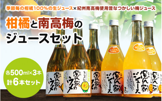 紀州産ミカンジュースと南高梅のジュースセット  季節毎の柑橘ジュース500ｍl×3本、梅ジュース500ｍl×3本 / 和歌山 和歌山県産 田辺市 紀州南高梅 梅  梅ジュース みかん みかんジュース 100％ジュース ジュースセット【ktr001-2】