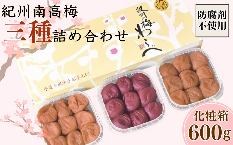 紀州産南高梅 三種詰め合わせセット 計600g (200g×3種) 化粧箱/ 梅干し 梅干 梅 和歌山 田辺 紀州南高梅 南高梅 かつお昆布だし お試し 出汁 磯塩 しそ 防腐剤不使用 ご飯のお供 スポーツ 運動 塩分補給【wrb010】