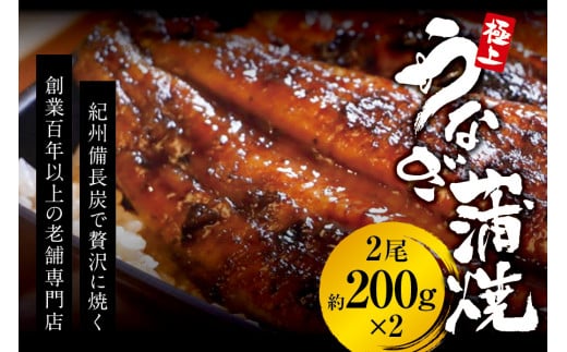極上！国産うなぎ蒲焼 2尾（約200g×2） 創業100年以上続く老舗 紀州備長炭でじっくり焼き上げた専門店の味 （タレ・山椒付き）/ うなぎ ウナギ 鰻 蒲焼 国産 ふるさと納税【skr002A】