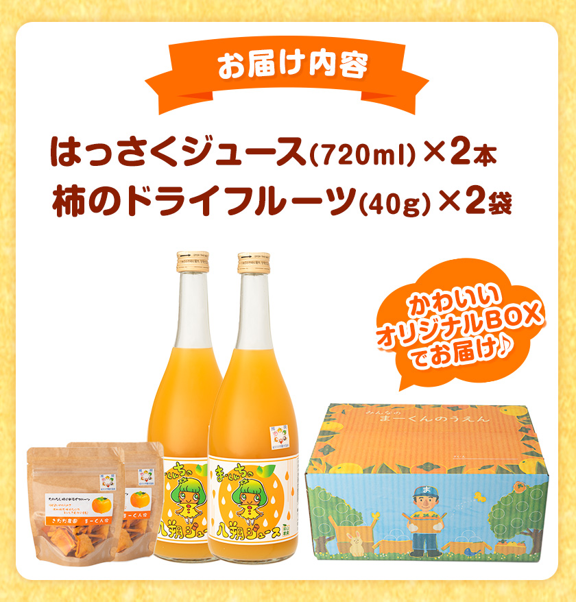 まーくん家のはっさくジュース（720ml×2本）と柿のドライフルーツ2袋 《90日以内に出荷予定(土日祝除く)》 和歌山県 紀の川市 柑橘 はっさく柿 たねなし柿 きただ農園まーくん家 化学肥料・除草剤不使用 八朔 カキ