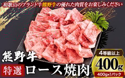 「熊野牛」特選ロース焼肉400g 4等級以上 株式会社松源《30日以内に出荷予定(土日祝除く)》和歌山県 岩出市　特選　ロース　やきにく　焼肉　松源　ロース　晩酌　晩餐　肉　肉質　特選ロース　肉　肉　ロース　焼肉　ロース　牛　牛肉　熊野牛　やきにく　焼肉　松源　ロース　晩酌　晩餐　肉　肉質　特選ロース　肉　肉　ロース　焼肉　ロース　牛　牛肉　熊野牛　　夕食　晩餐　焼肉　肉　肉　肉　肉　肉　にく