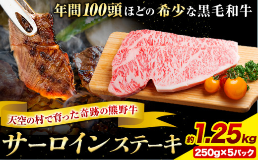 サーロインステーキ 黒毛和牛 牛 牛肉 ステーキ 約1250g 約250g×5パック 有限会社松牛《30日以内に出荷予定(土日祝除く)》 和歌山県 岩出市 希少 肉 牛肉 熊野牛 送料無料 サーロイン ステーキ