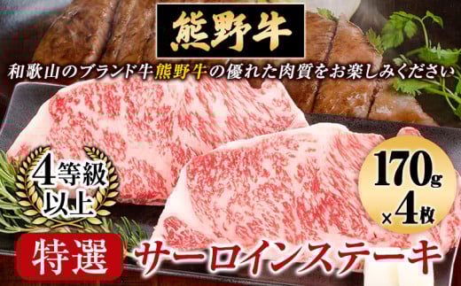 サーロインステーキ　「熊野牛」特選サーロインステーキ170g×4枚 4等級以上 株式会社松源《30日以内に出荷予定(土日祝除く)》和歌山県 岩出市